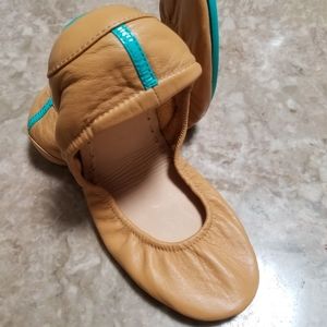 Tieks by Gavrieli Leather Ballet Flats Camel Brown Teal Round Toe Womens Size 8